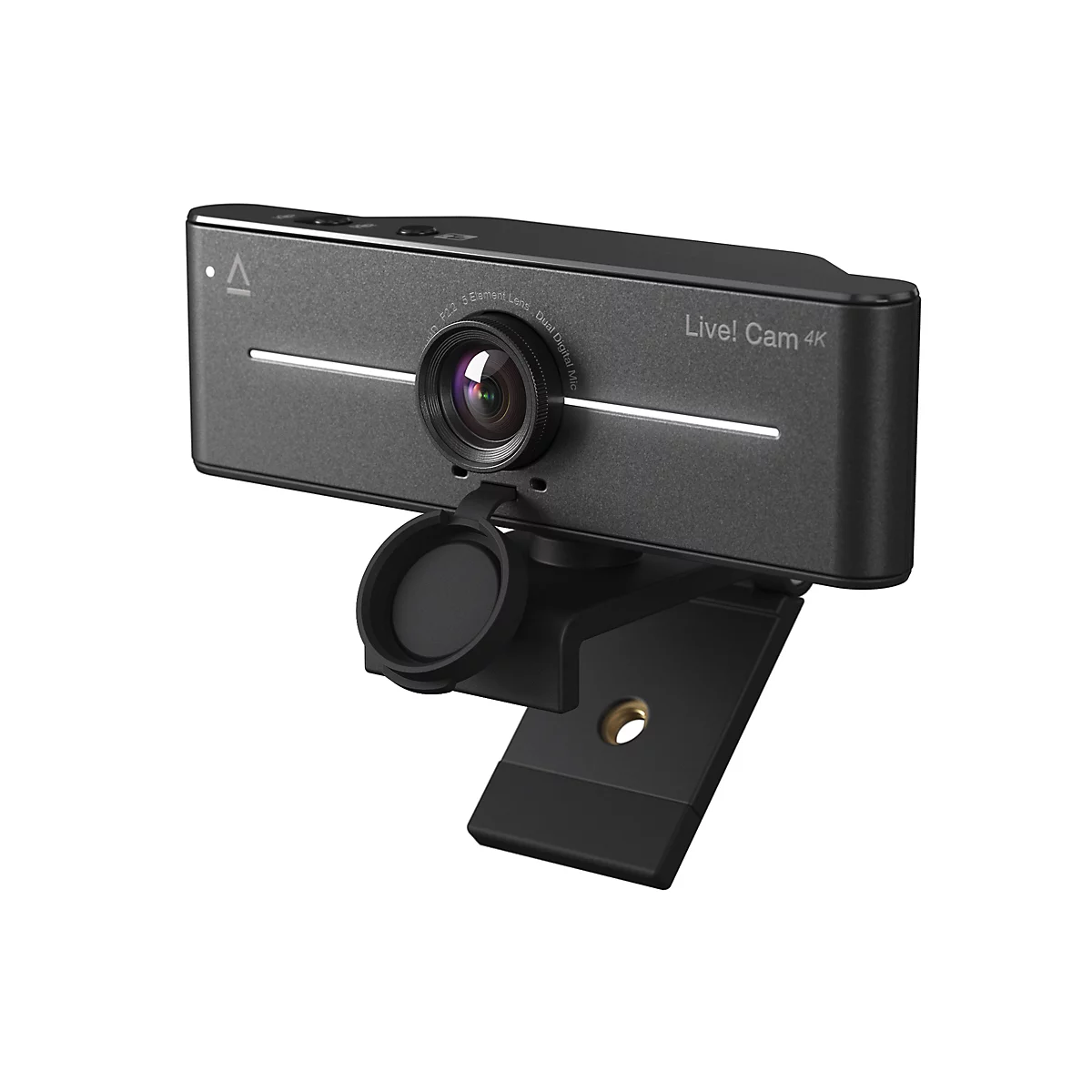 Schwarze 4K Webcam mit Halterung und geöffneter Linsenschutzabdeckung vor weißem Hintergrund.
