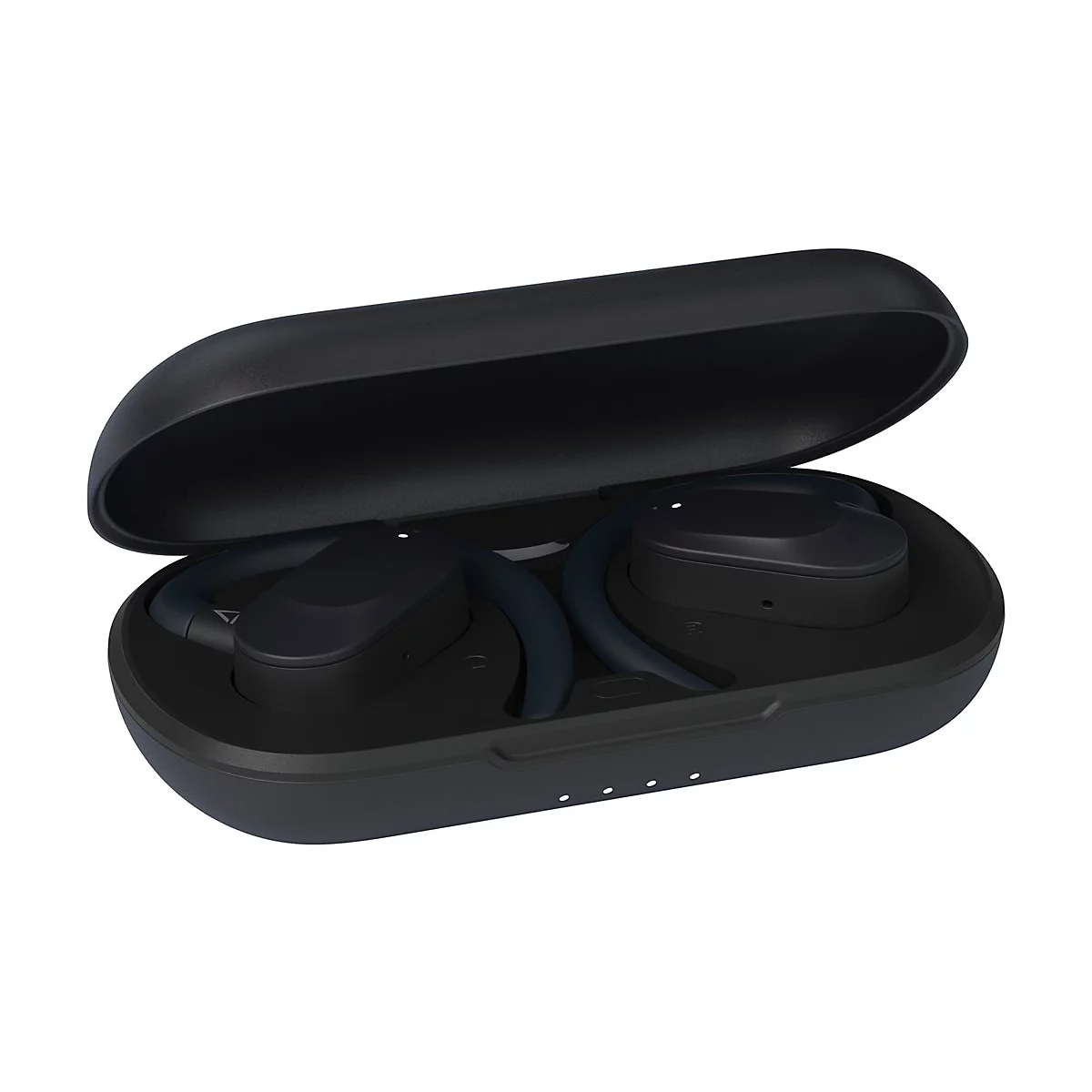 Schwarze In-Ear-Kopfhörer mit Ohrbügeln in einer geöffneten, ebenfalls schwarzen Ladebox.