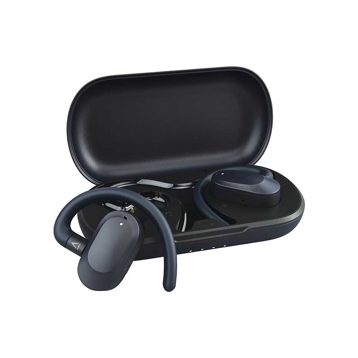 Dunkelblaue In-Ear-Kopfhörer mit Ohrbügeln in einer geöffneten, rechteckigen Ladebox vor weißem Hintergrund.