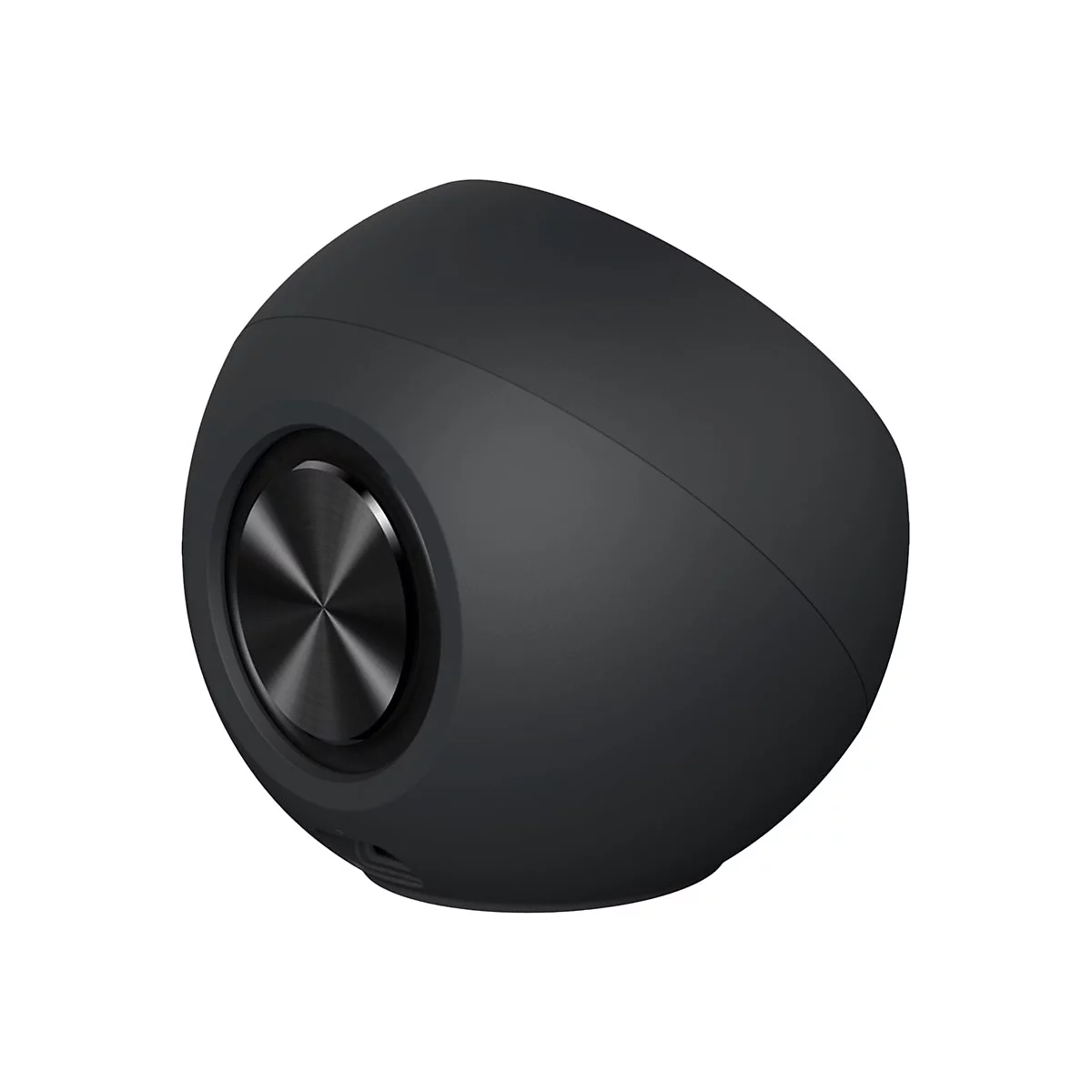 Kugelförmiger, schwarzer Bluetooth-Lautsprecher vor neutralem Hintergrund mit metallischem, gebürstetem Akzent.