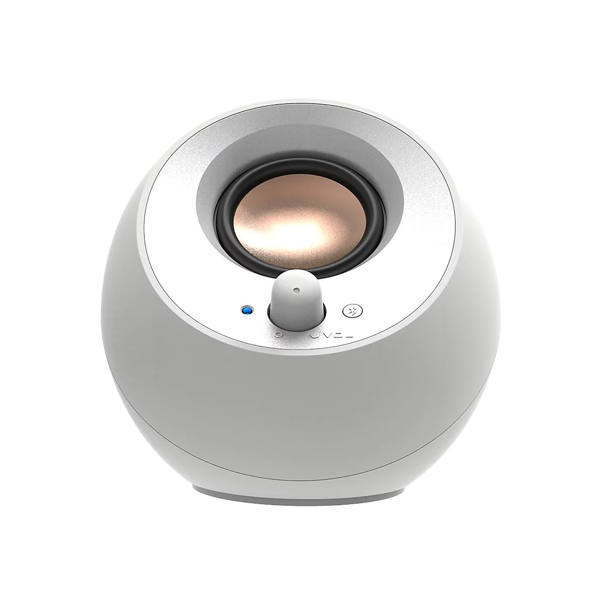 Kugelrunder, weißer Bluetooth-Lautsprecher mit kupferfarbener Membran und zentralem Lautstärkeregler.