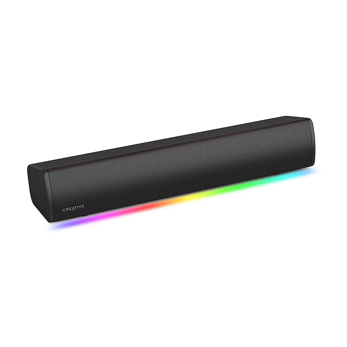 Schwarze Creative Soundbar mit fein gelochter Front und schmaler, regenbogenfarbener LED-Beleuchtung an der Unterseite.