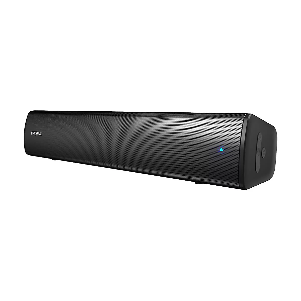 Schwarze Creative Soundbar vor weißem Hintergrund mit leuchtender blauer Status-LED.
