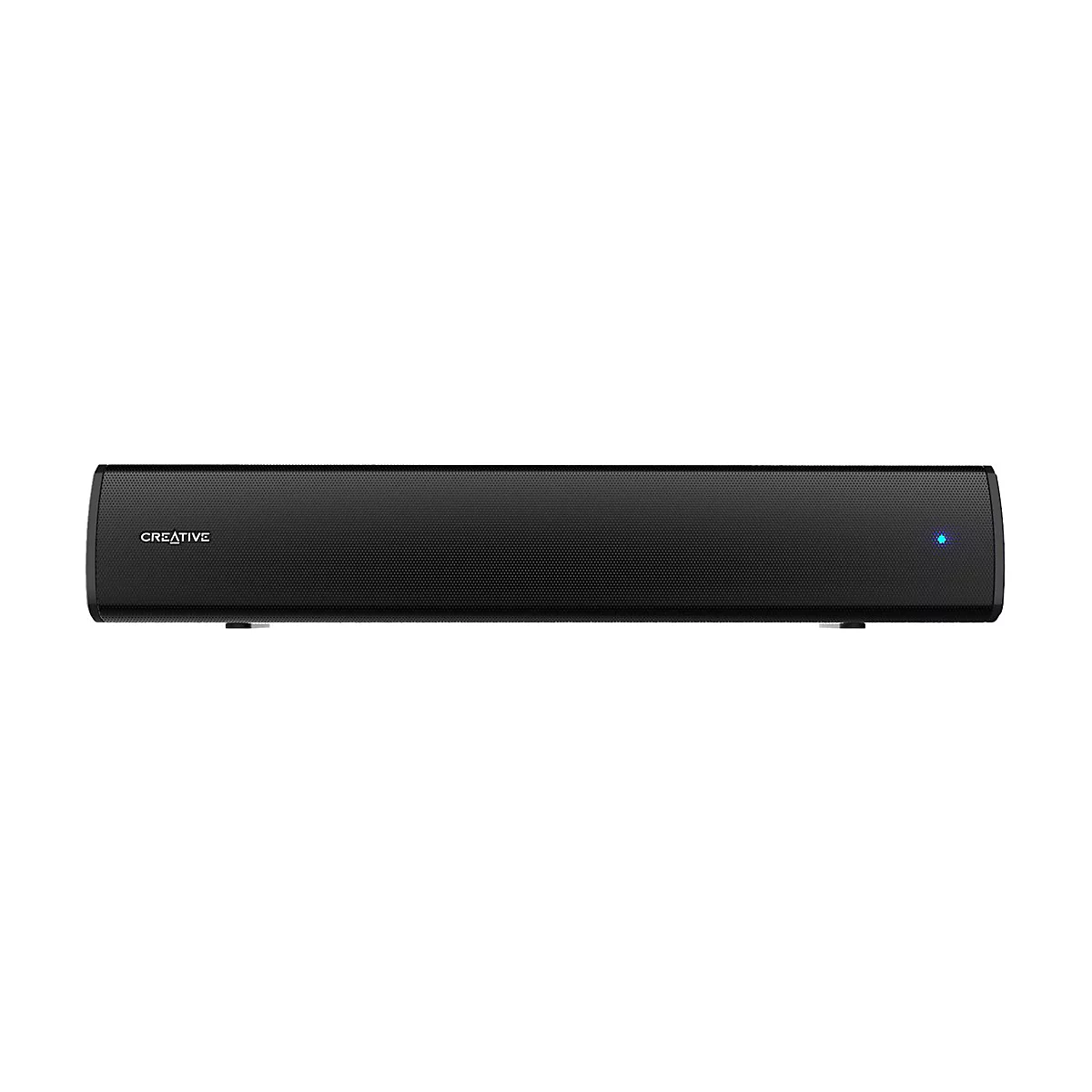 Schwarze Creative Soundbar vor weißem Hintergrund mit leuchtend blauer Status-LED.