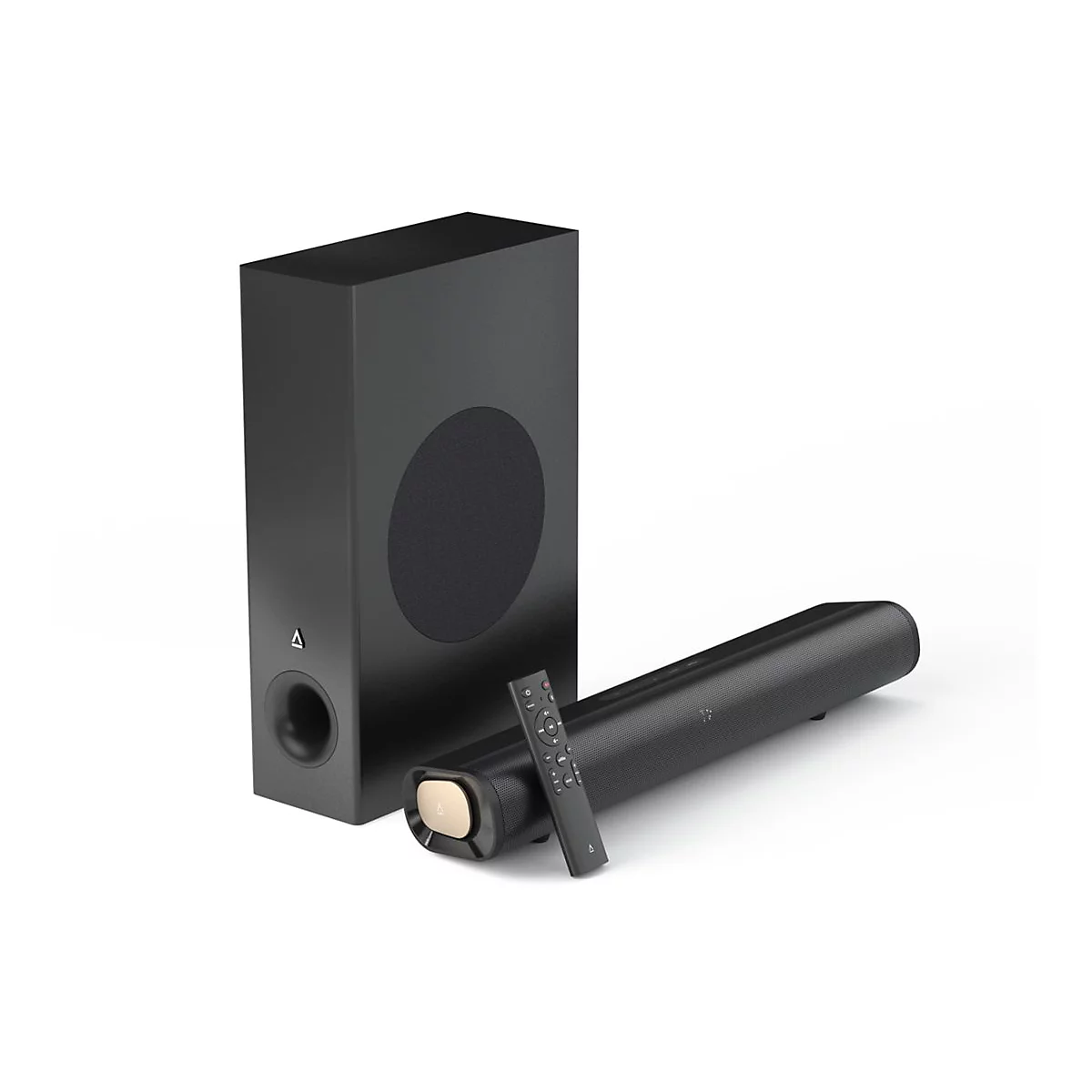 Schwarze Soundbar und Subwoofer mit Fernbedienung vor weißem Hintergrund.