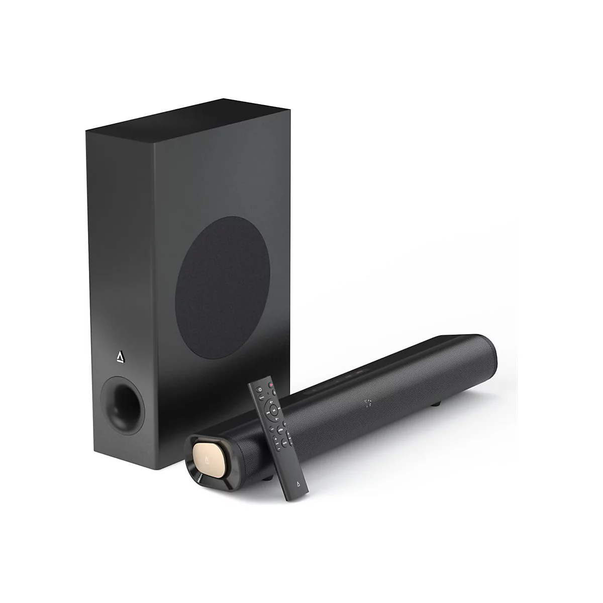 Schwarze Soundbar und vertikaler Subwoofer mit Fernbedienung vor weißem Hintergrund.