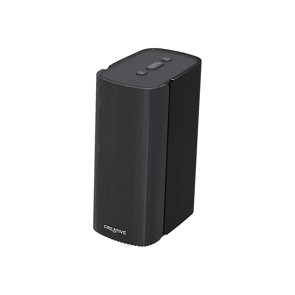 Schwarzer, rechteckiger Creative Bluetooth-Lautsprecher vor weißem Hintergrund mit Bedienelementen auf der Oberseite.
