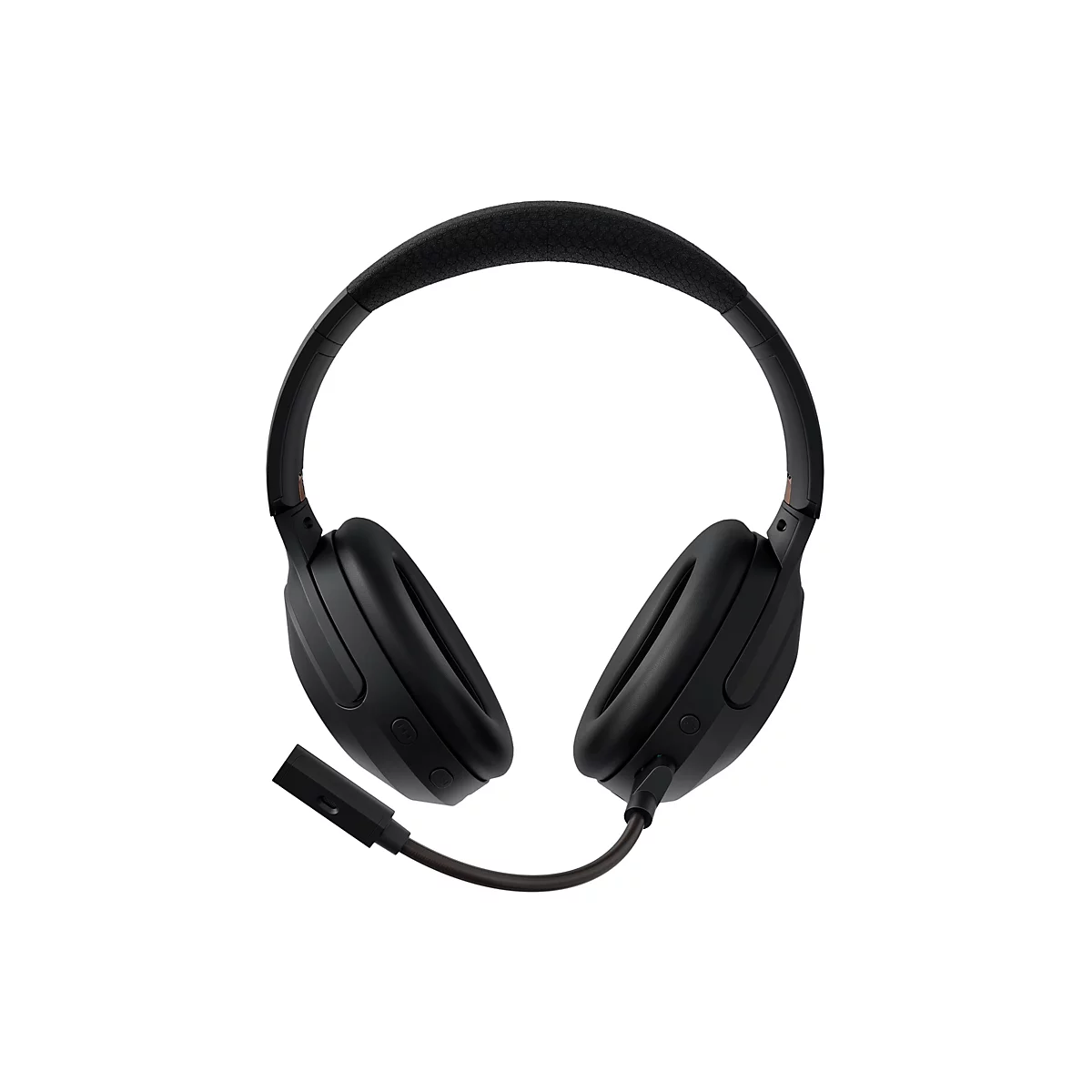 Schwarzes Over-Ear-Headset mit ausziehbarem Mikrofon vor weißem Hintergrund.