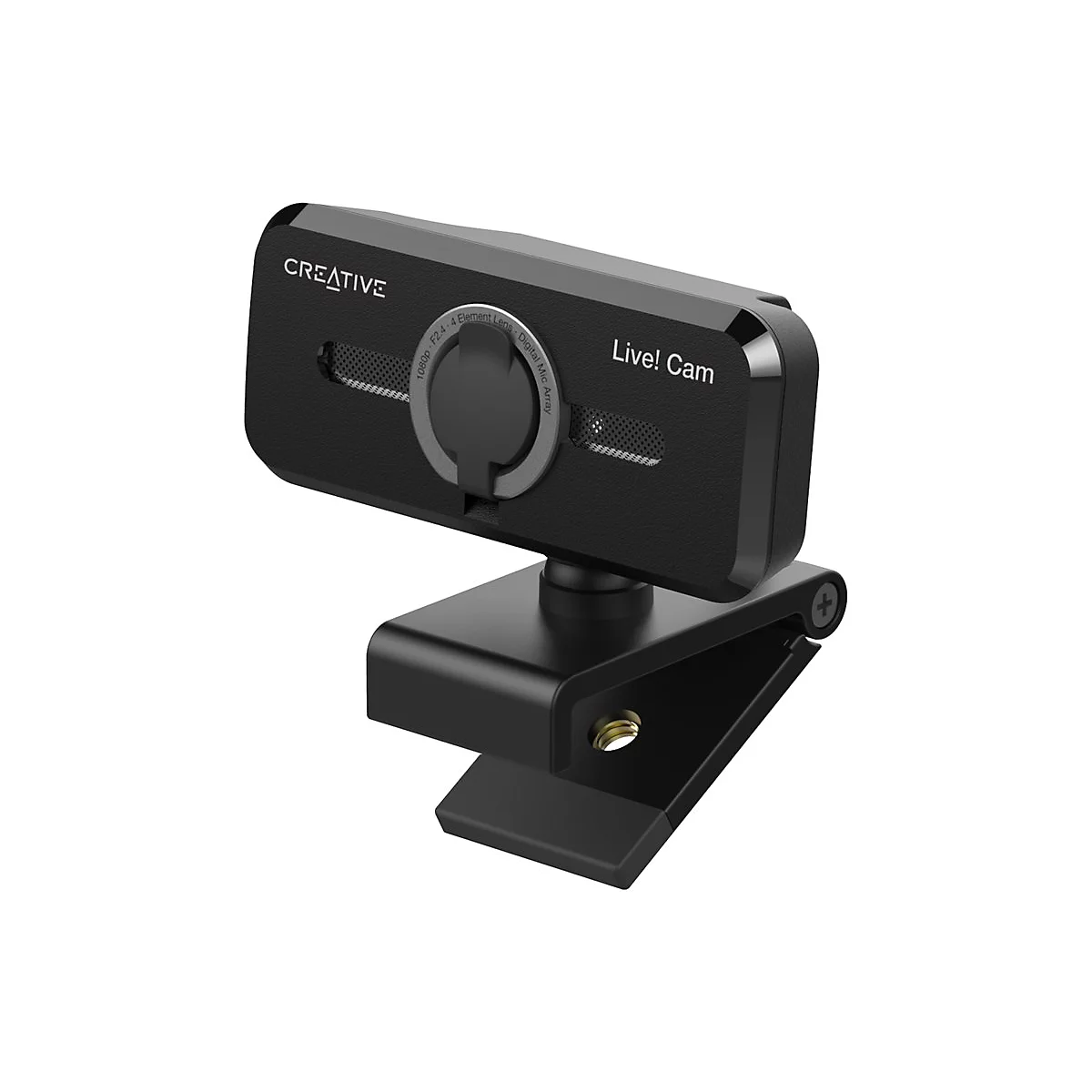 Schwarze Webcam auf Halterung, mit "Live! Cam" und "Creative" Schriftzug. Vor weißem Hintergrund.