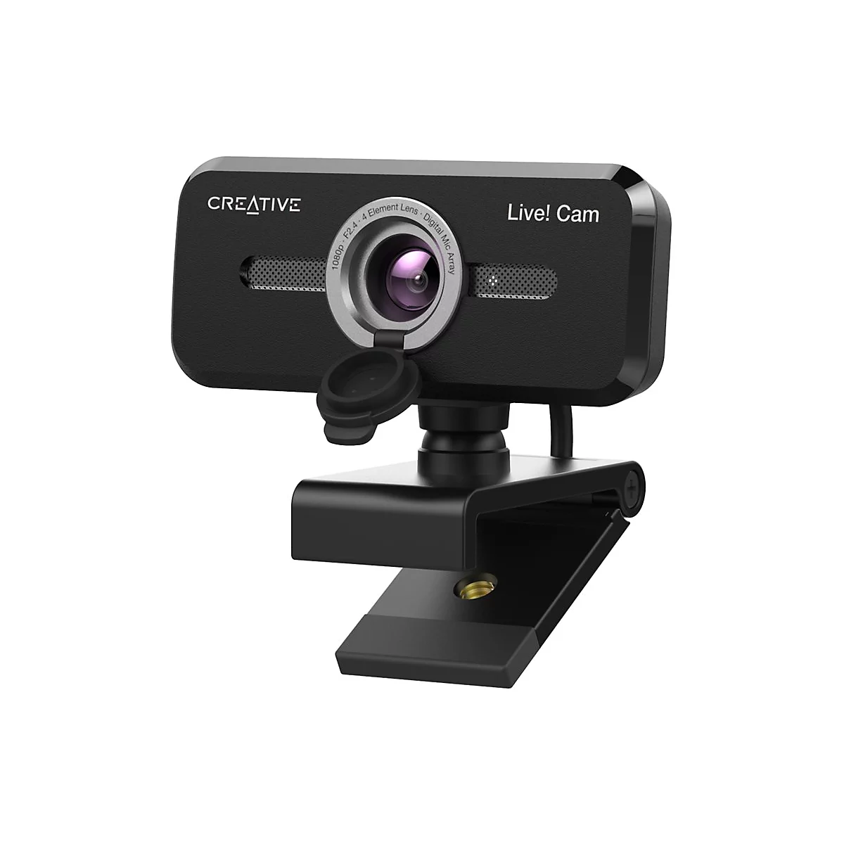 Schwarze Webcam von Creative, mit Objektiv und Mikrofon. Aufschrift: Live! Cam.