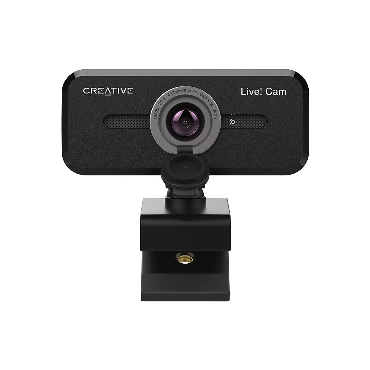 Schwarze Webcam mit Creative-Logo und „Live! Cam“-Schriftzug. Objektiv mit Objektivabdeckung und Standfuß.