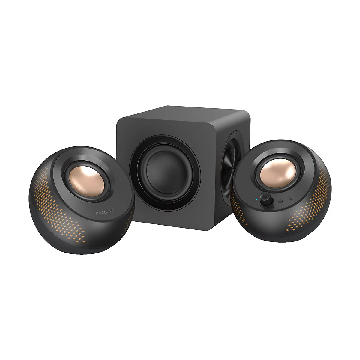 Schwarzes 2.1-Lautsprechersystem mit Subwoofer. Zwei kugelförmige Satellitenlautsprecher, Subwoofer in Würfelform, goldenene Membranen.