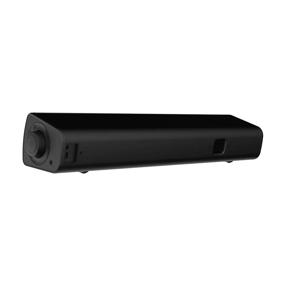 Schwarze Soundbar, Seitenansicht. Mit Lautstärkeregler, Anschlüssen, und minimalistischem Design.