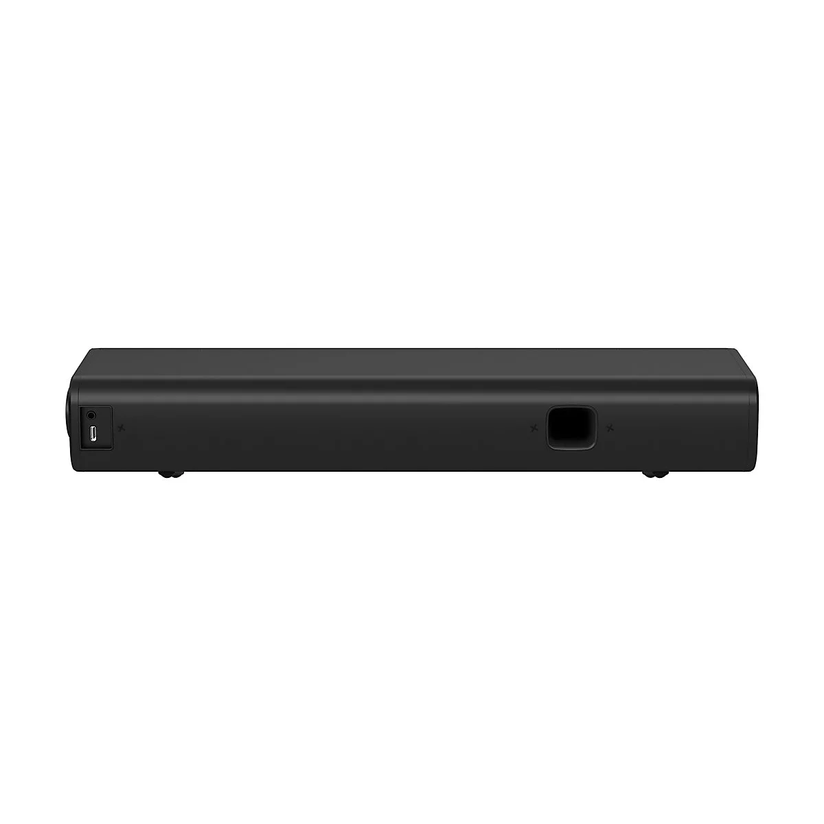 Schwarze Soundbar, Vorderansicht, auf weißem Hintergrund. Links: Ein- und Ausgang. Mitte: Rechteckiger Ausschnitt.