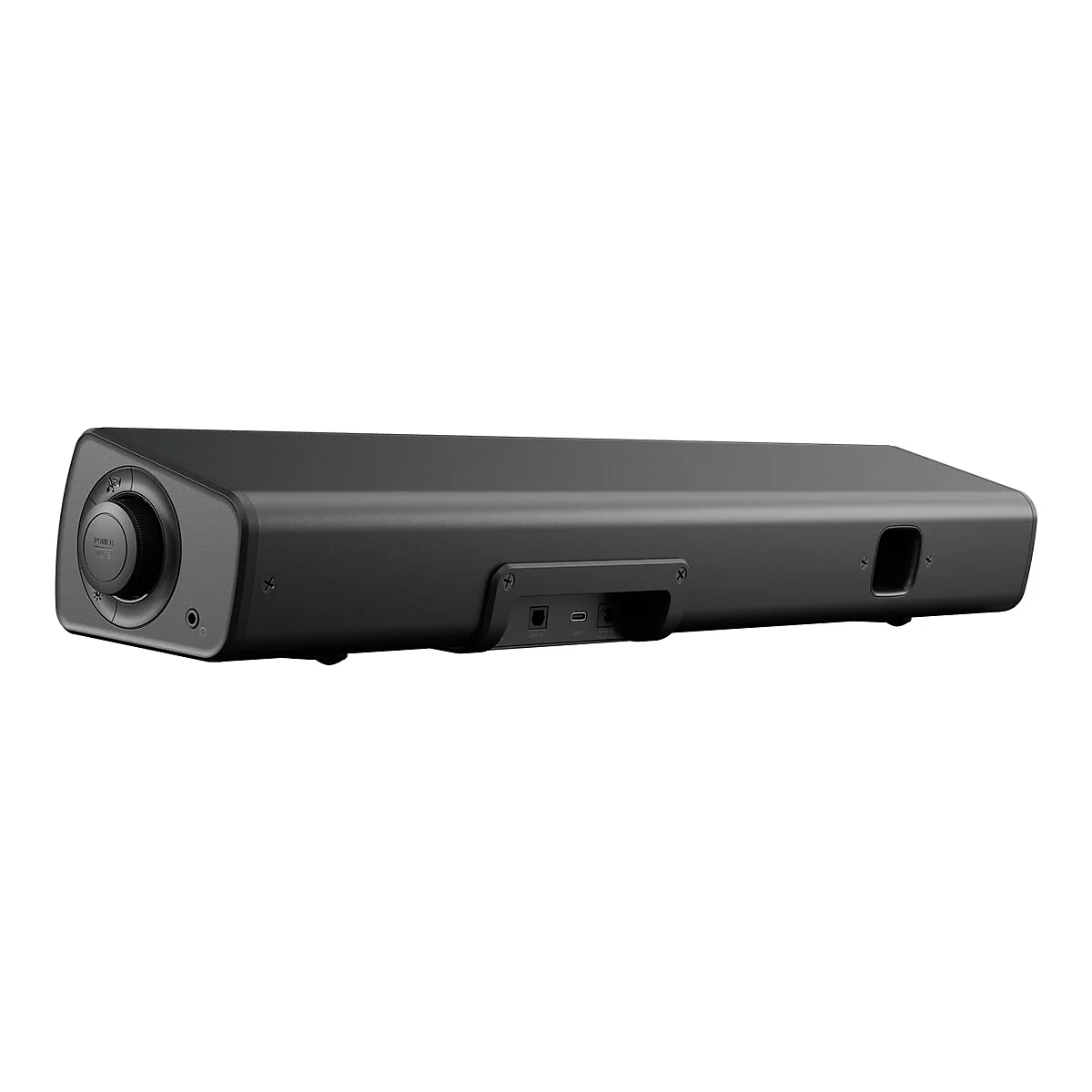 Dunkelgraue Soundbar, schräg von oben fotografiert. Auf der linken Seite befindet sich ein Drehknopf mit der Aufschrift "Power Mute".