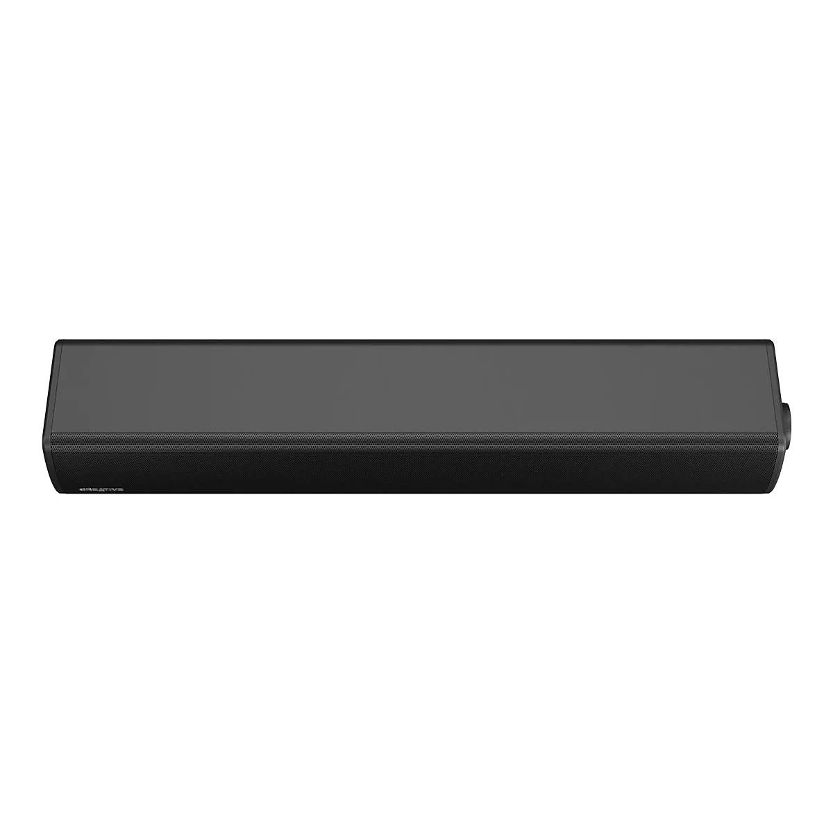 Schwarze Soundbar, rechteckige Form, Schriftzug Creative, auf weißem Hintergrund.