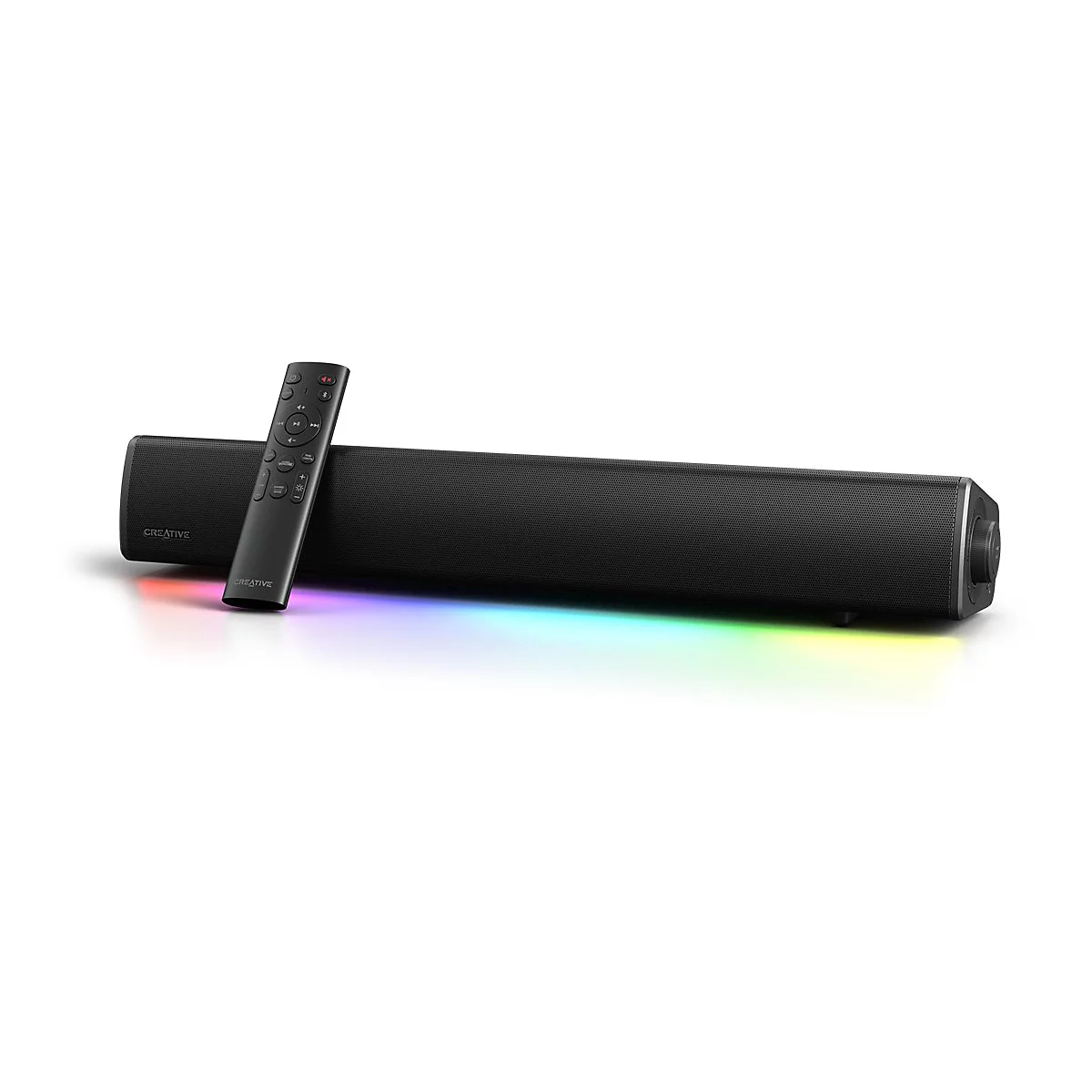 Schwarze Soundbar mit Fernbedienung. Farbige Beleuchtung unten.