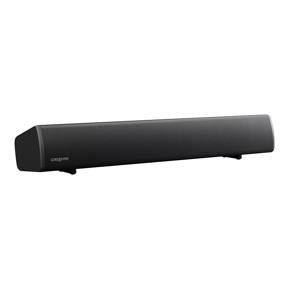 Schwarze Soundbar mit "Creative" Schriftzug. Steht auf zwei kleinen Füßen.