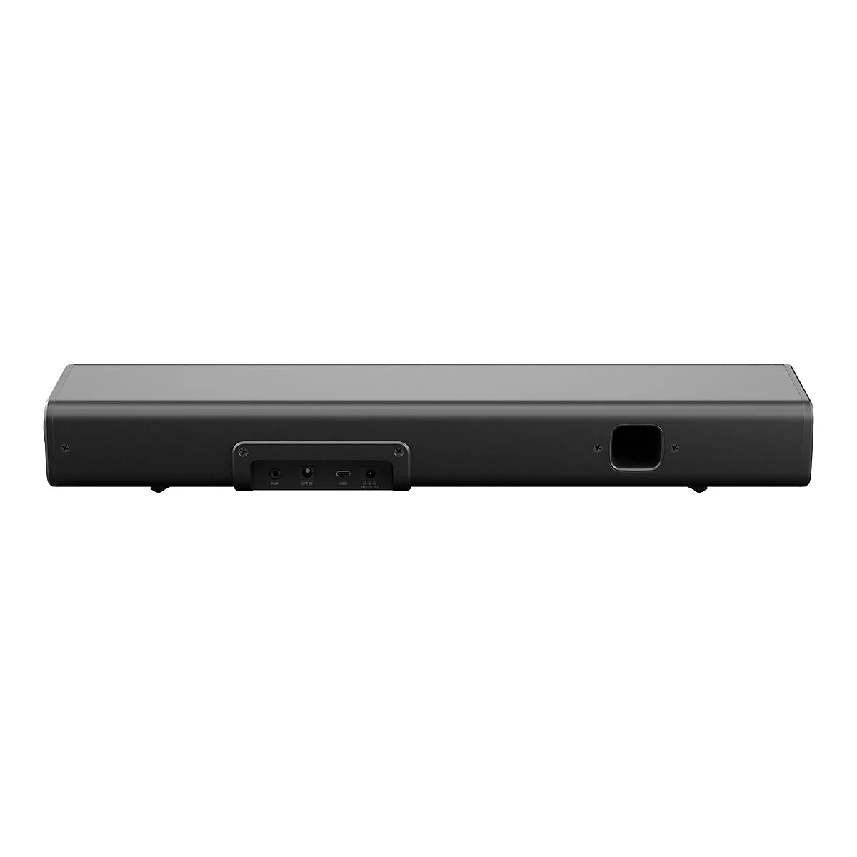Schwarze Soundbar, Rückseite. Anschlüsse AUX, Opt In, USB, und DC-In.