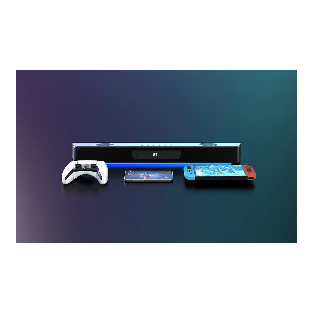 Eine schwarze Soundbar mit BT-Logo, Controller, Smartphone und Switch Konsole. Auf dunklem Hintergrund.