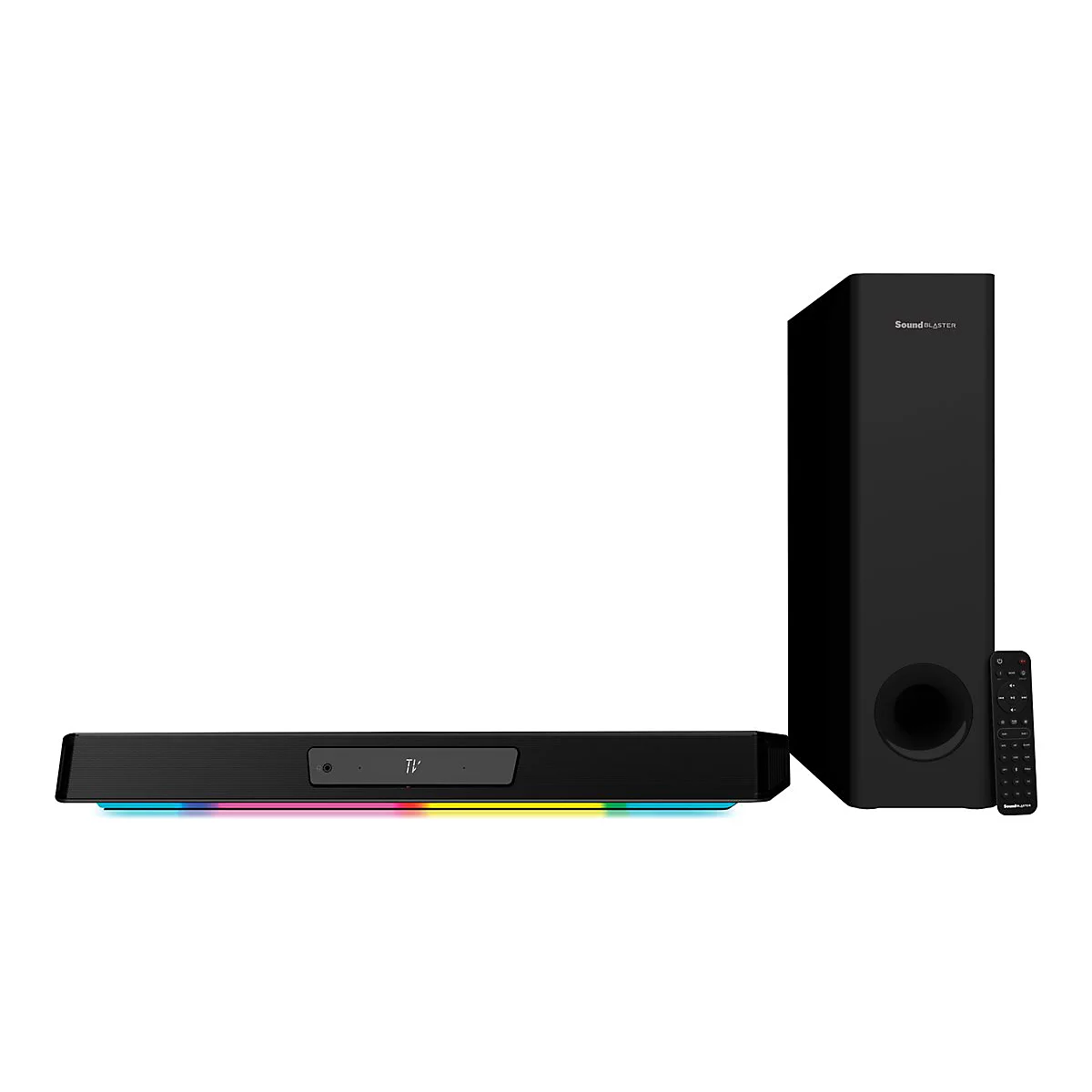 Schwarze Soundbar mit farbiger Beleuchtung, Subwoofer und Fernbedienung auf weißem Hintergrund.