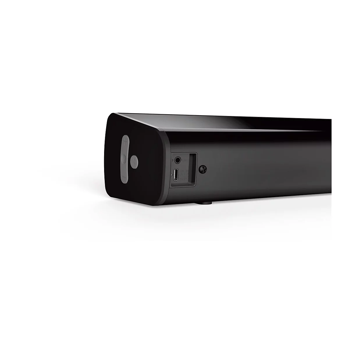 Schwarze Soundbar. Auf der linken Seite Knöpfe, rechts Anschlüsse.