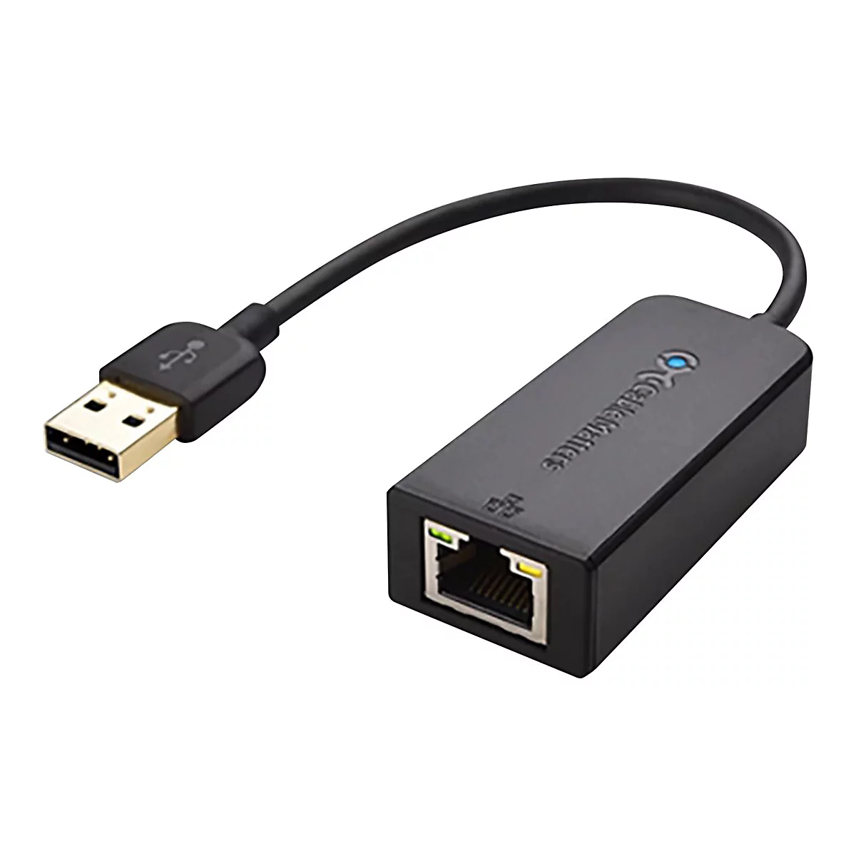 Schwarzer USB-Ethernet-Adapter. Ein USB-Stecker an einem Kabel ist mit einem schwarzen Gehäuse verbunden, das einen Ethernet-Port hat.