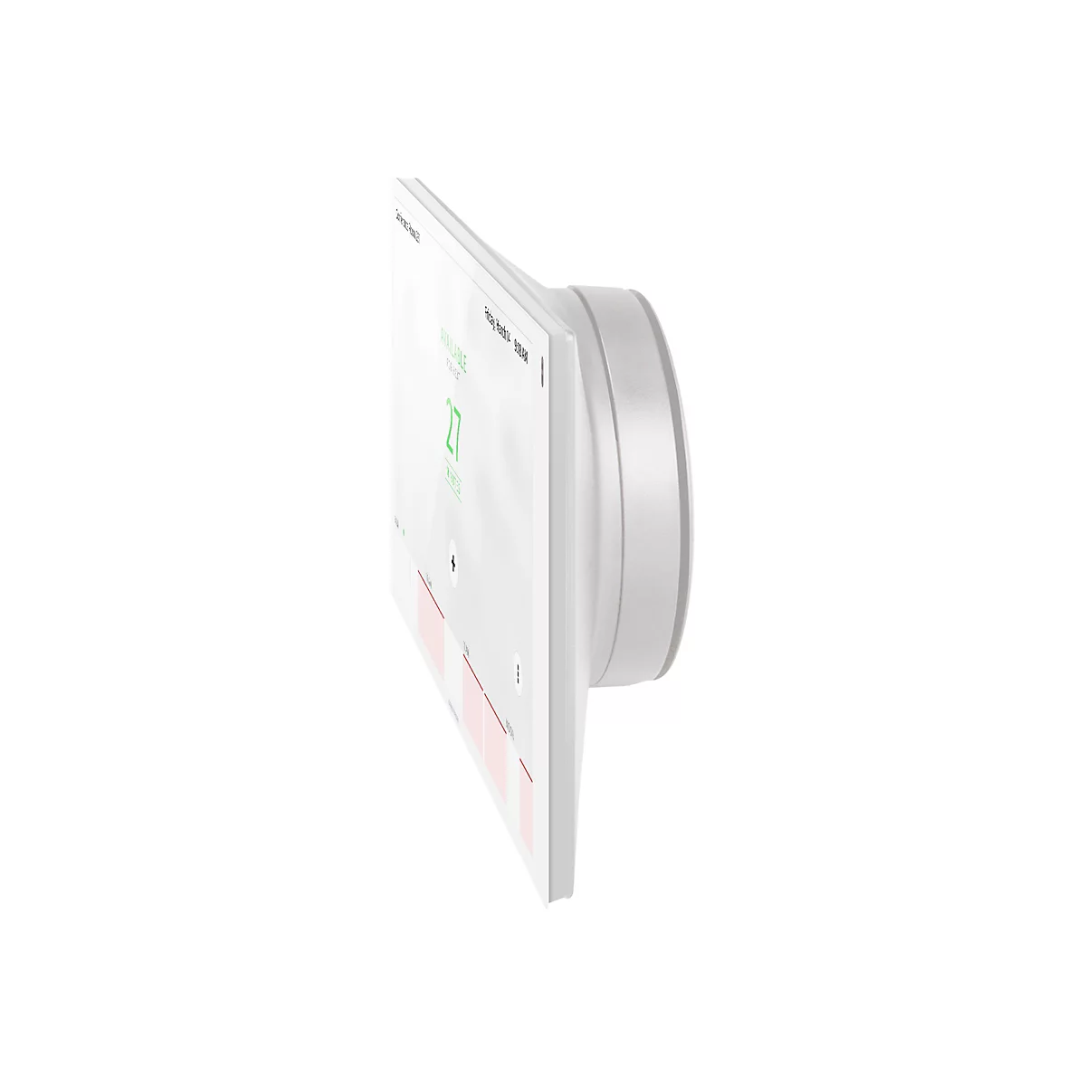 Ein rechteckiges, weißes Gerät mit Display, auf dem Informationen angezeigt werden, steht vor hellem Hintergrund. Die Darstellung zeigt Verfügbarkeit und verbleibende Minuten.