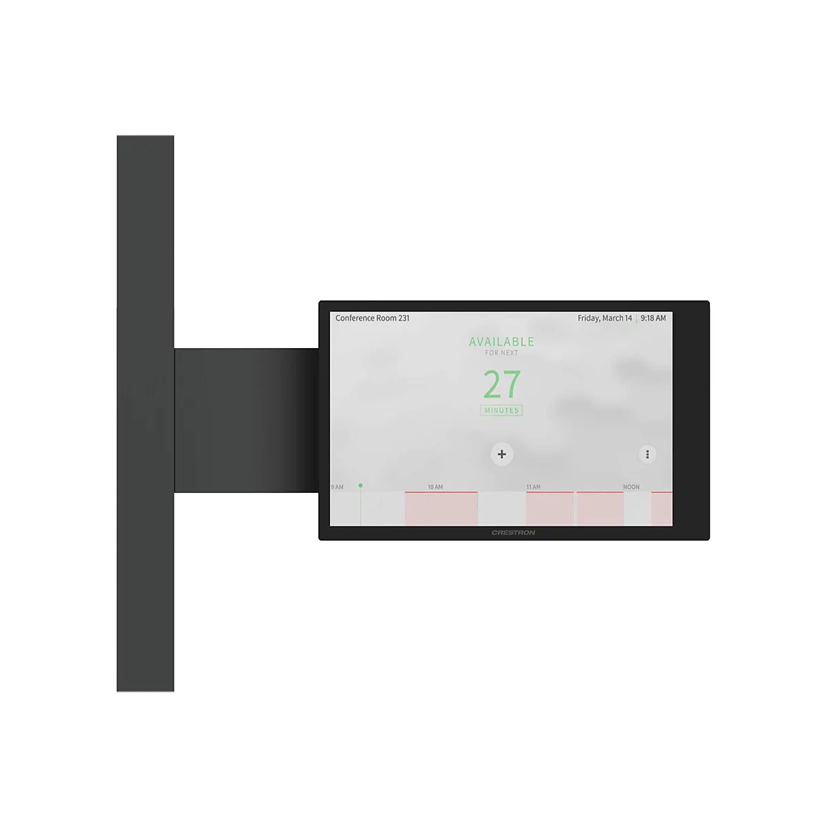 Schwarzes Display an einer Halterung. Es zeigt die Verfügbarkeit eines Konferenzraums in Minuten an, sowie Datum und Uhrzeit.