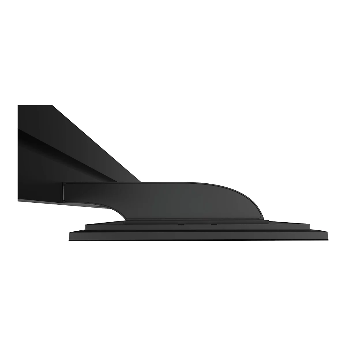 Detailaufnahme einer schwarzen, modernen Schreibtischhalterung. Die Halterung hat eine geschwungene Form und steht auf einer flachen Basis.