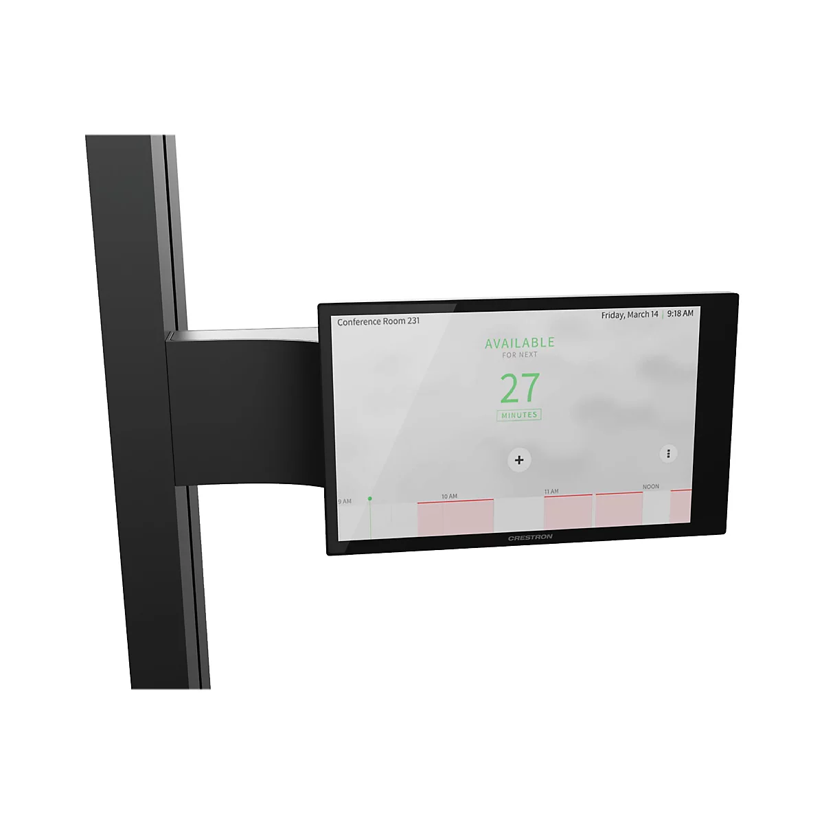 Ein schwarzes Wandmontage-Tableau mit einem Bildschirm, der die Verfügbarkeit eines Konferenzraums anzeigt. Oben steht der Raumname, Datum und Uhrzeit. Der Bildschirm zeigt 'AVAILABLE FOR NEXT 27 MINUTES'.