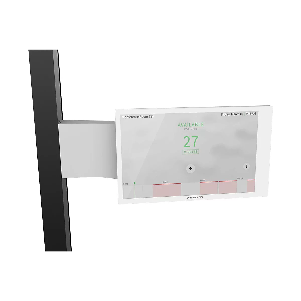 Ein Touchscreen-Konferenzraum-Reservierungssystem zeigt die Verfügbarkeit für 27 Minuten an.