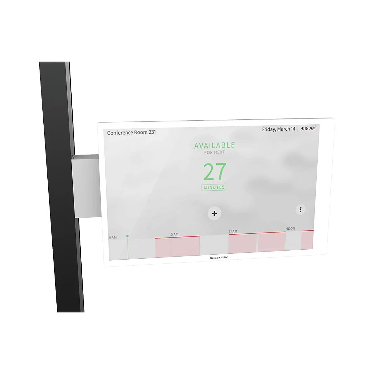 Konferenzraum-Monitor mit Verfügbarkeitsanzeige: 27 Minuten frei. Oben rechts: Datum und Uhrzeit.