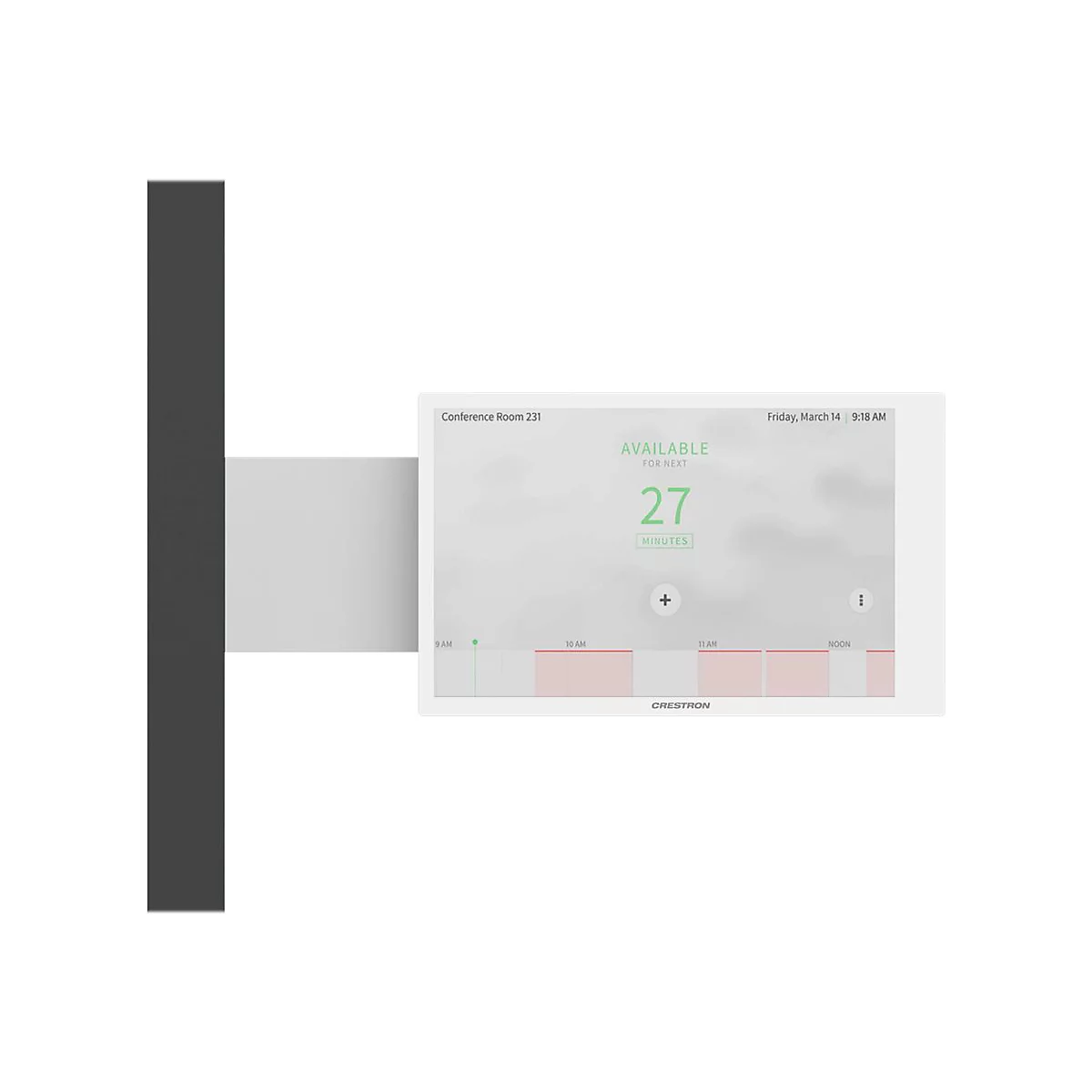 Ein Touchscreen zeigt Konferenzraum-Informationen: Verfügbar in 27 Minuten. Zeitleiste mit farbigen Balken. "Crestron" Logo.