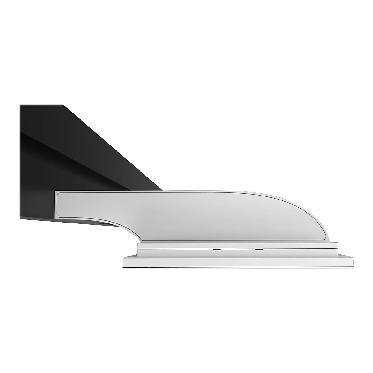 Detailaufnahme einer weißen, abgerundeten Leuchte. Schwarze Fläche im Hintergrund.