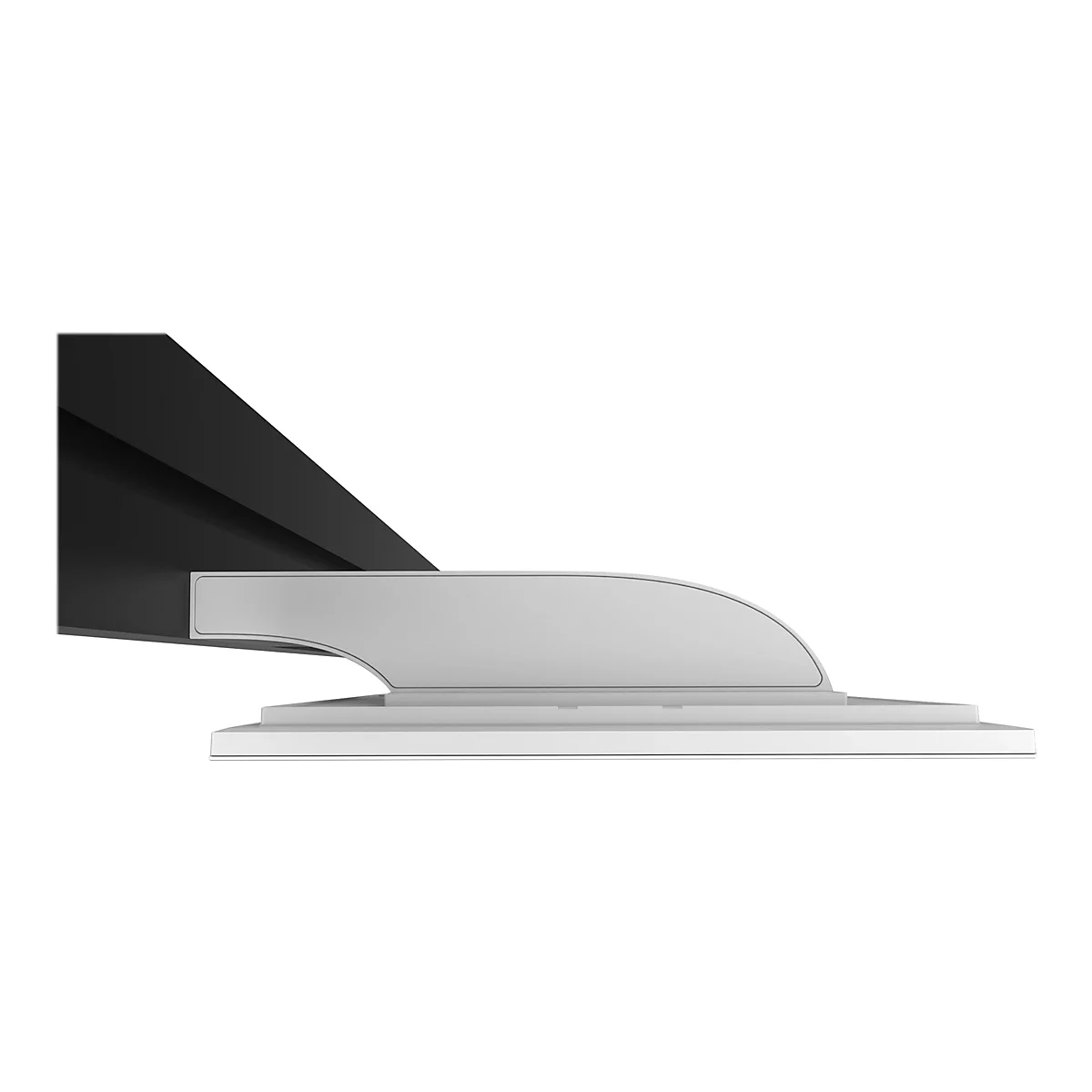 Detailaufnahme einer weißen, abgerundeten Form, teilweise von einem schwarzen Element verdeckt, vor weißem Hintergrund.