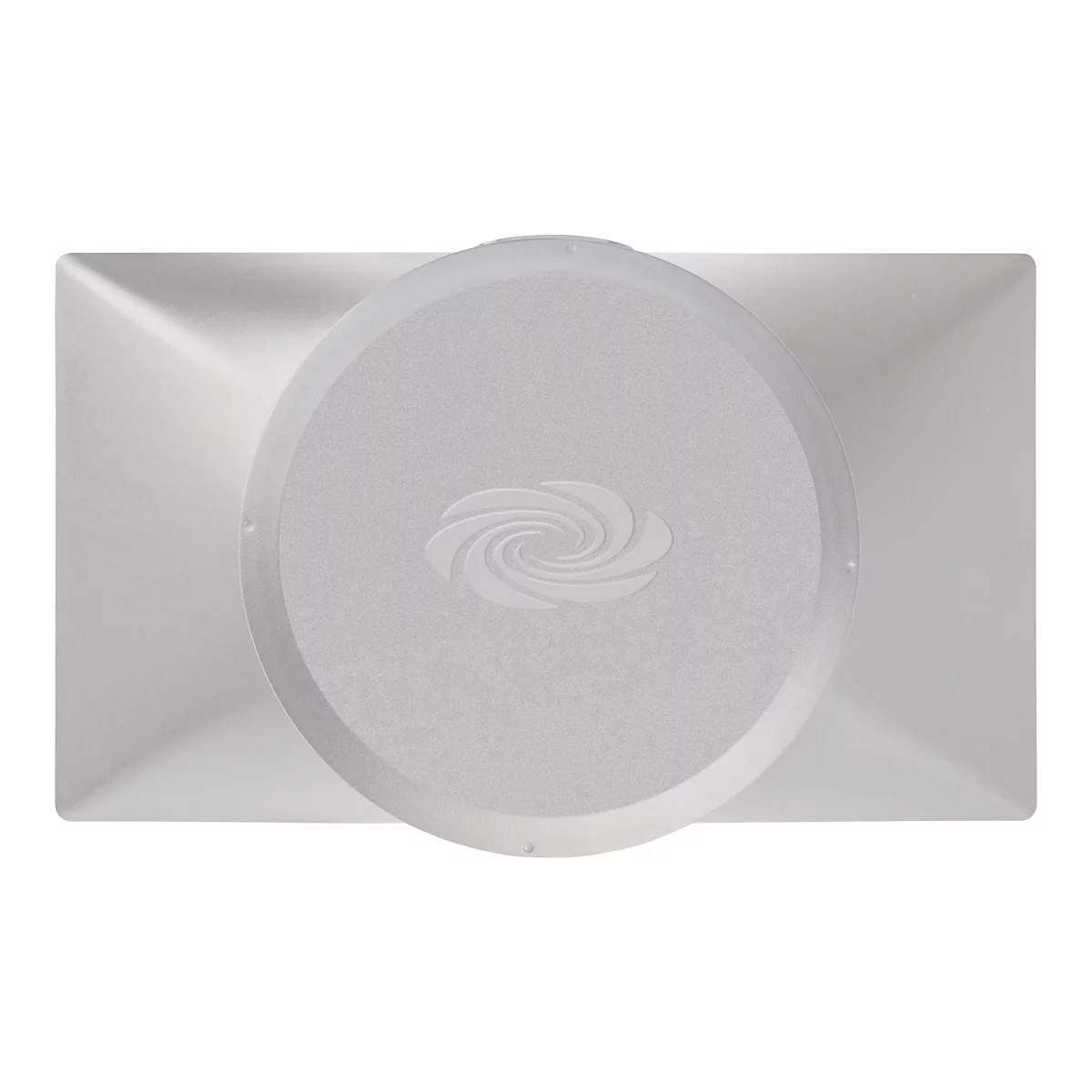 Hellgraues Objekt mit rundem, erhabenem Mittelteil und spiralförmigem Logo.