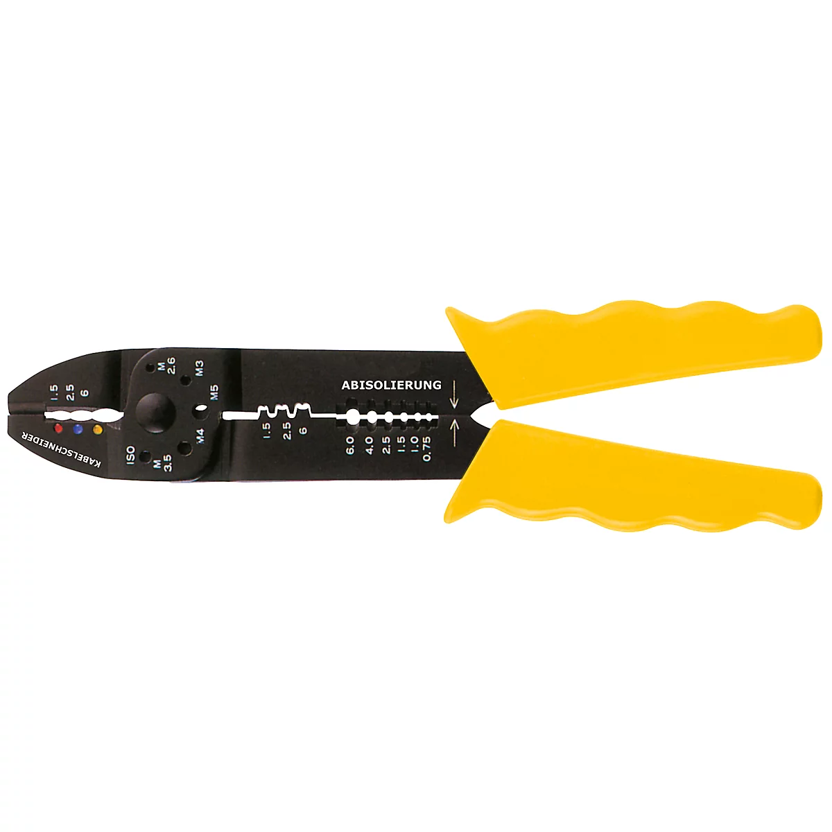 Wire stripper with yellow handles and black head with markings.