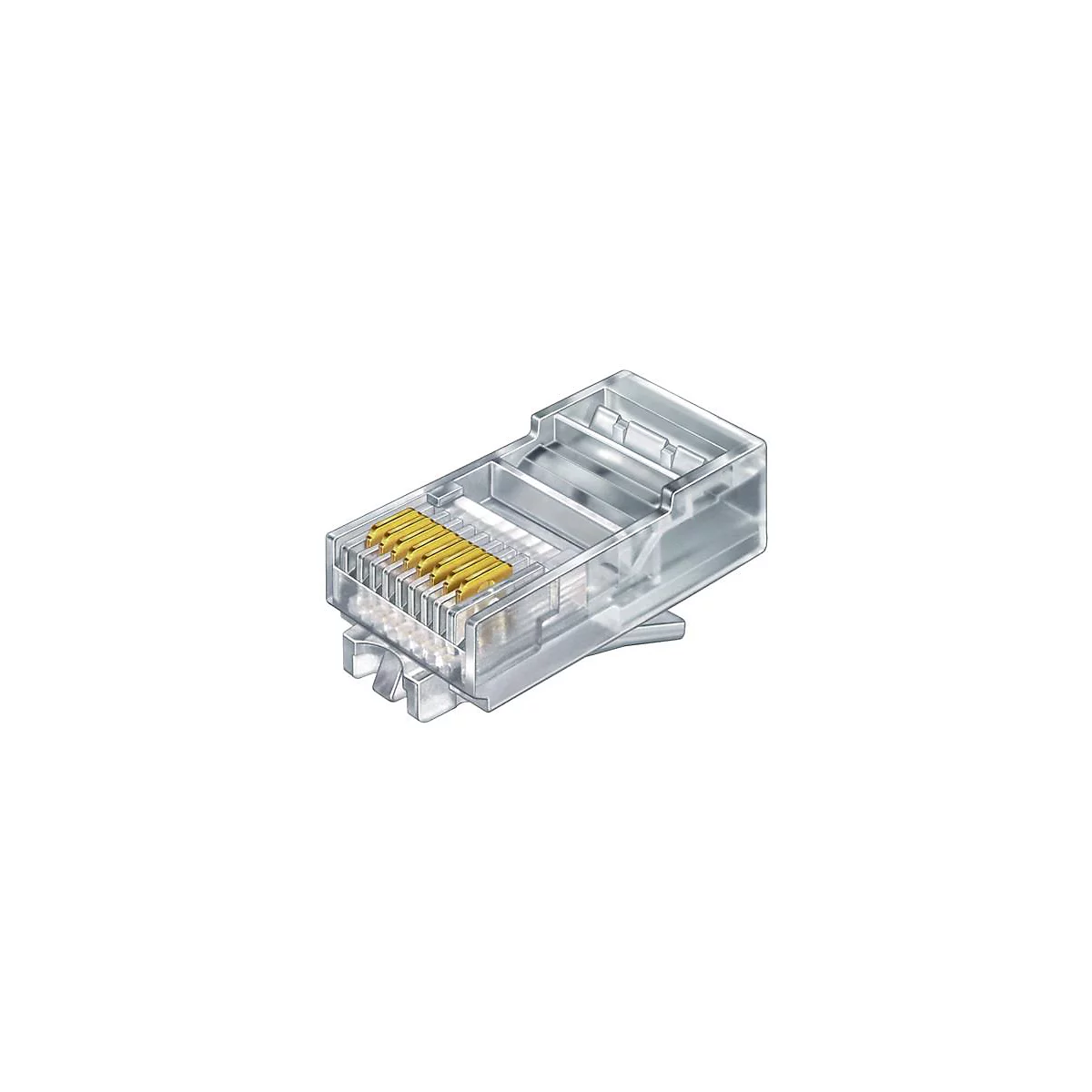 Nahaufnahme eines transparenten RJ45-Steckers mit goldenen Kontakten. Das Gehäuse hat eine kantige Form, Stecker-Zunge und ein Rastnasen-Design.