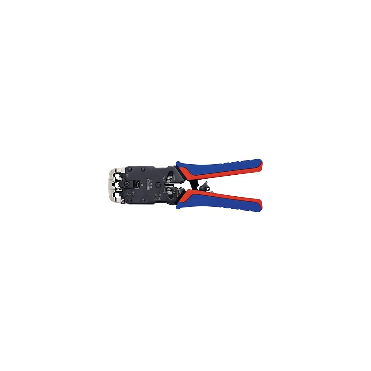 Eine Zange, blau-rot, mit schwarzem Mittelteil. Beschriftung Knipex 97 51 12.