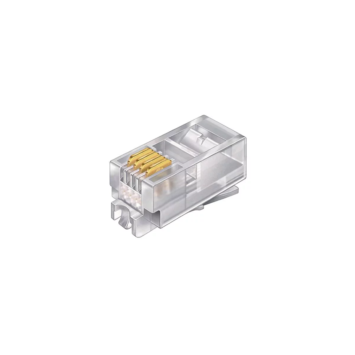 Transparenter RJ45-Stecker mit goldenen Kontakten und Verriegelung.