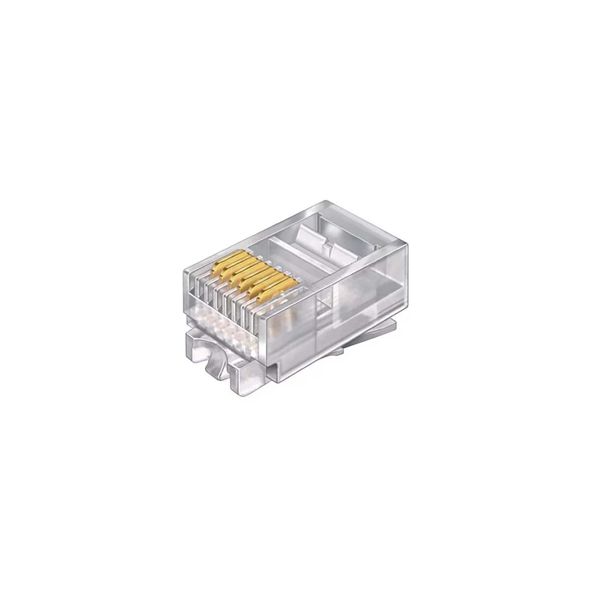 Transparenter RJ45-Stecker mit goldfarbenen Kontakten.