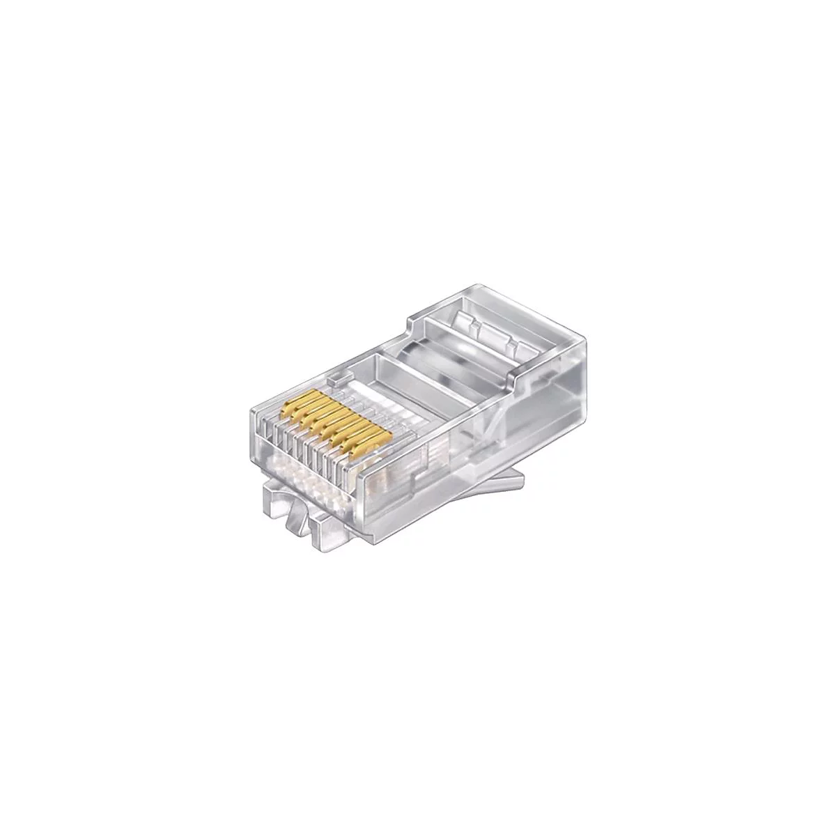 Nahaufnahme eines transparenten RJ45-Steckers mit goldenen Kontakten.