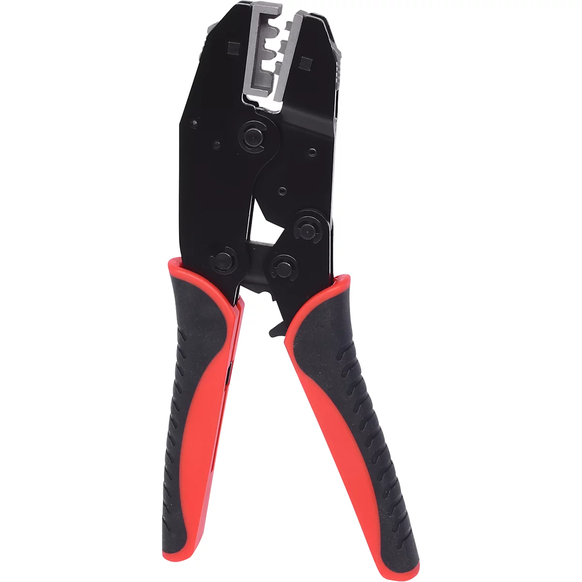 Zange, schwarz-rot, Metall Backen, Detailaufnahme.