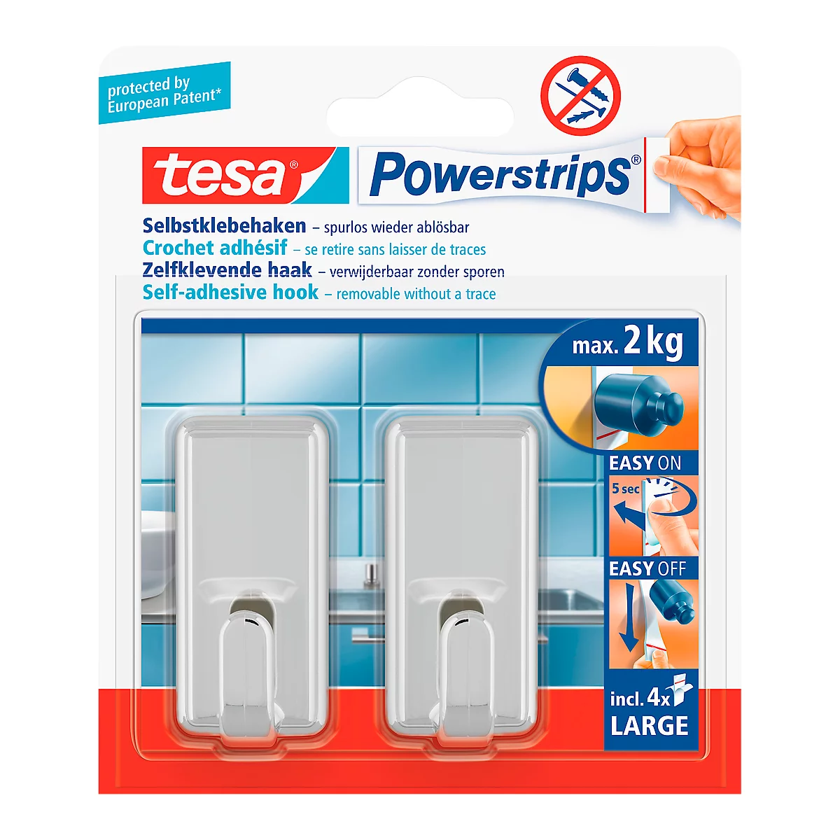 Crochet Powerstrips Large tesa, carré, chrome