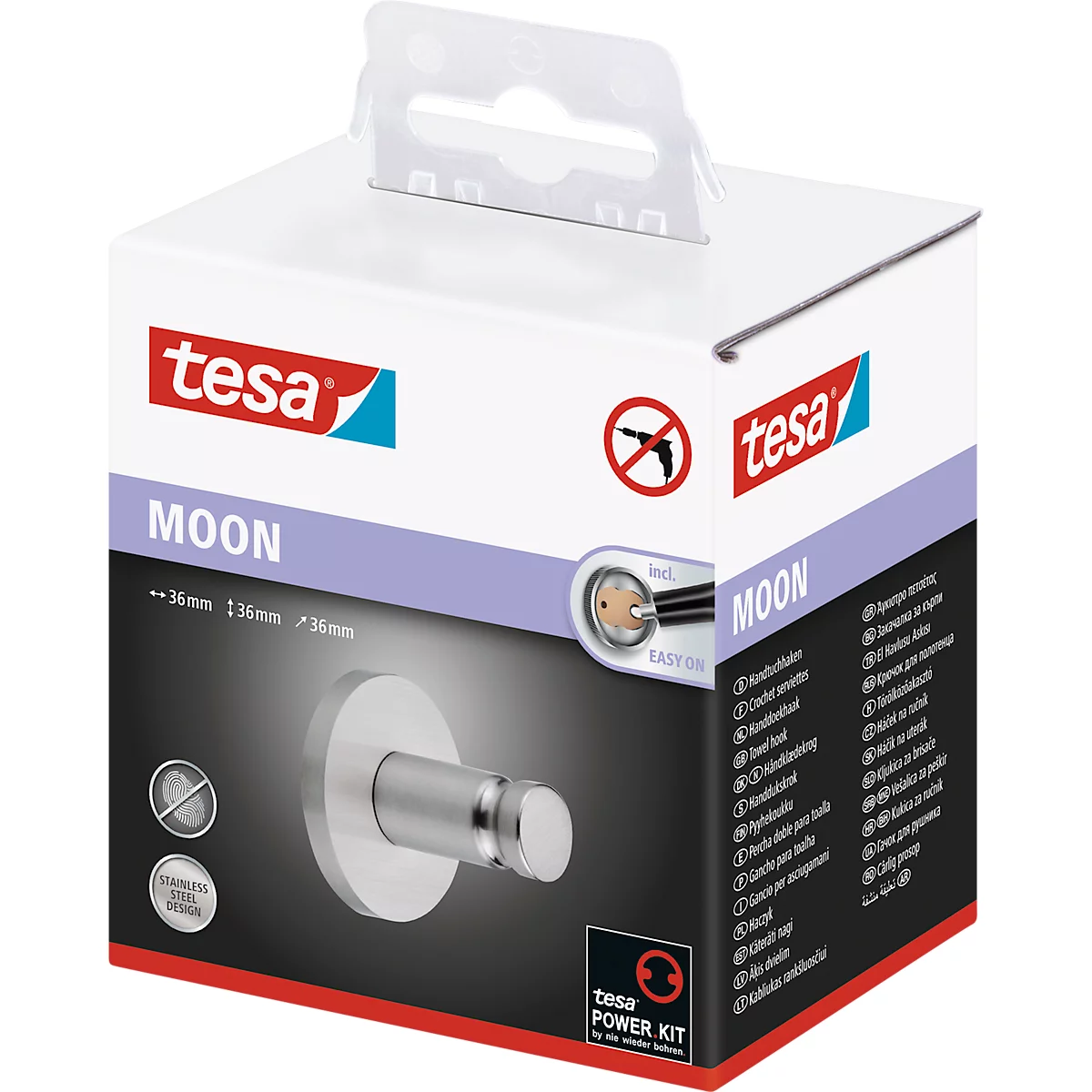 Crochet tesa Moon, fixation sans perçage, avec solution adhésive, amovible, aspect inox