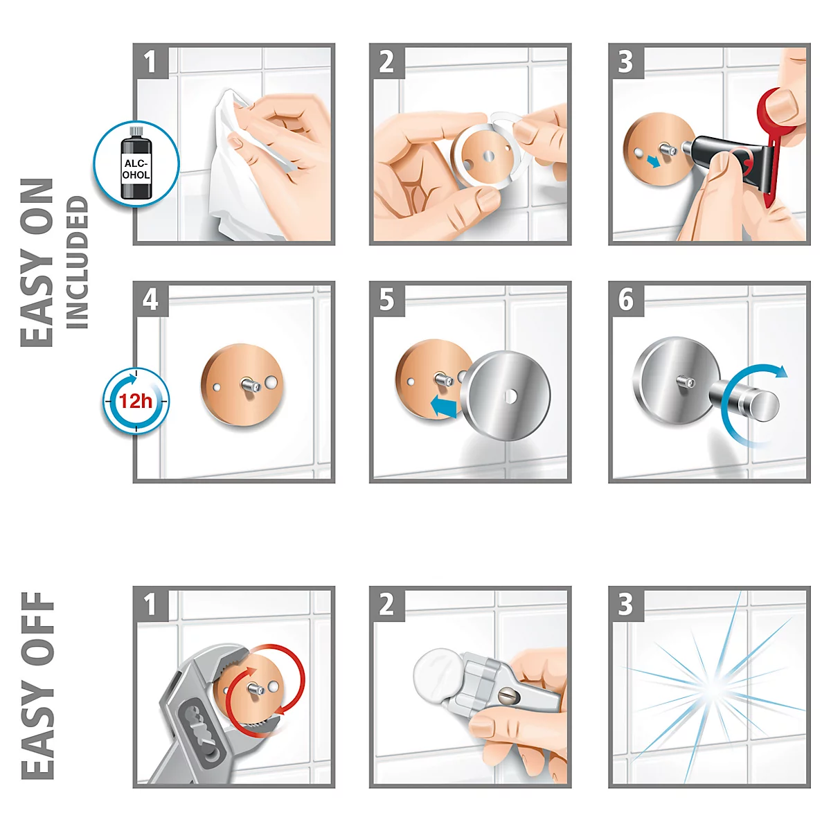 Crochet tesa Moon, fixation sans perçage, avec solution adhésive, amovible, aspect inox