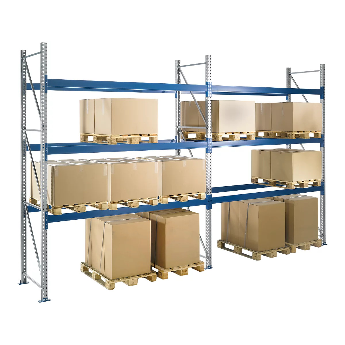 Blue warehouse rack with cardboard boxes on pallets.
