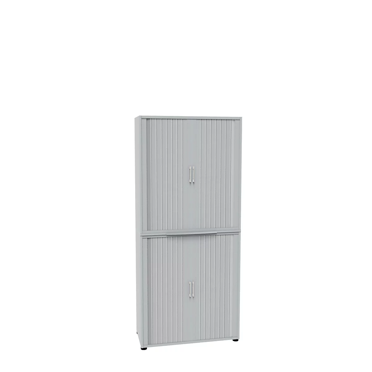 Grey, ribbed cabinet, two-part, with handles and closed roller shutter, against a white background.