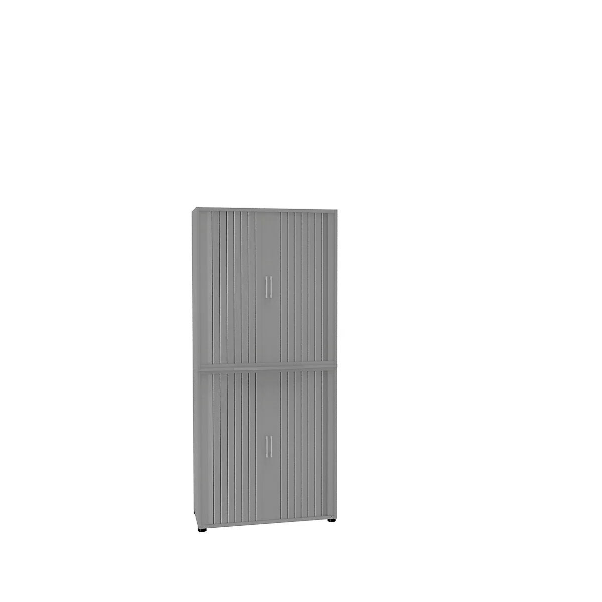 Gray, vertically ribbed cabinet with two doors, white background.